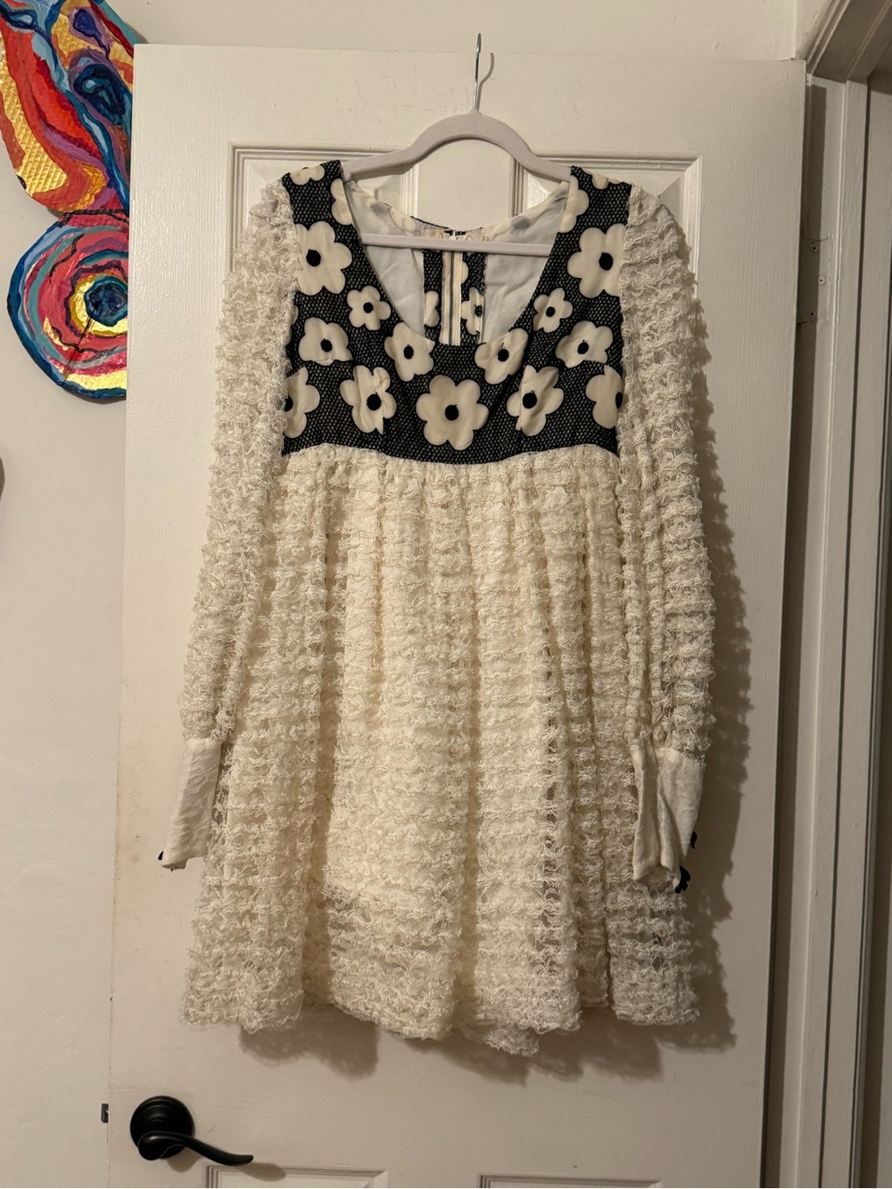 Vintage 60s mod flower yoke ruffle lace Textured Long Sleeve Mini Babydoll Dress